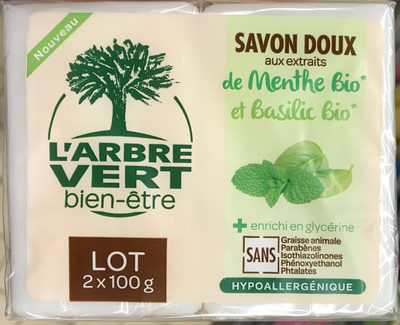 L'Arbre Vert Savon Doux aux extraits de Menthe Bio et Basilic Bio (Lot de 2)