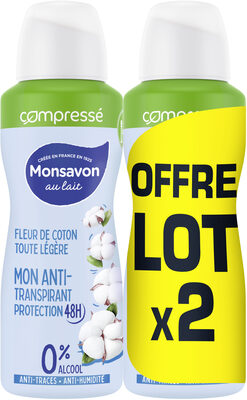 Monsavon Anti-Transpirant Femme Spray Compressé Fleur de Coton Toute Légère 2x100ml